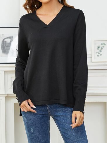 SPARKLE & SKY سترات نسائية برقبة على شكل حرف V بلوفر خفيف الوزن بفتحات جانبية وأكمام طويلة وسترات عالية ومنخفضة للنساء in Kuwait