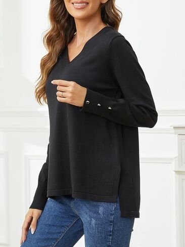 SPARKLE & SKY سترات نسائية برقبة على شكل حرف V بلوفر خفيف الوزن بفتحات جانبية وأكمام طويلة وسترات عالية ومنخفضة للنساء in Kuwait