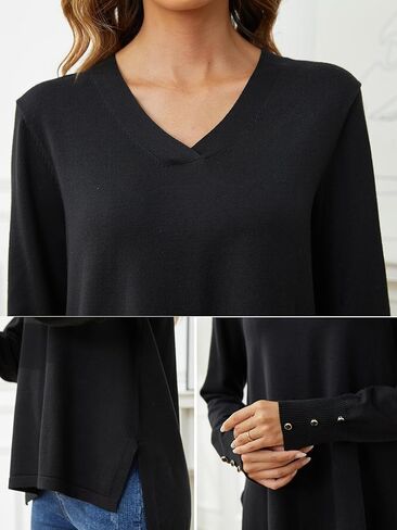 SPARKLE & SKY سترات نسائية برقبة على شكل حرف V بلوفر خفيف الوزن بفتحات جانبية وأكمام طويلة وسترات عالية ومنخفضة للنساء in Kuwait