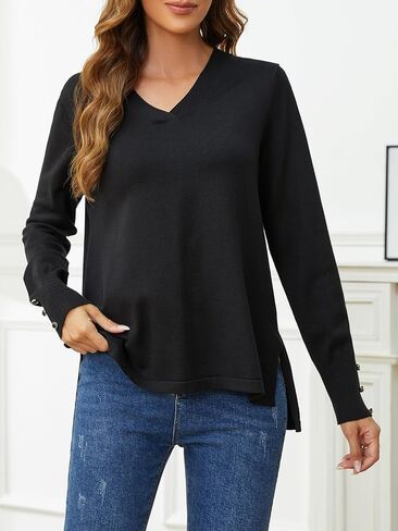 SPARKLE & SKY سترات نسائية برقبة على شكل حرف V بلوفر خفيف الوزن بفتحات جانبية وأكمام طويلة وسترات عالية ومنخفضة للنساء in Kuwait