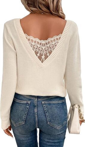 COZYEASE Women's V Neck Sweater Casual Long Sleeve Pullover Sweater Soft Lace Knitted Sweater Tops in Saudi Arabia