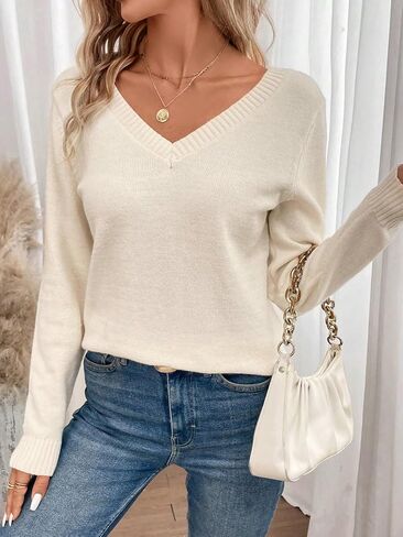 COZYEASE Women's V Neck Sweater Casual Long Sleeve Pullover Sweater Soft Lace Knitted Sweater Tops in Saudi Arabia
