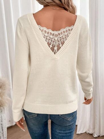 COZYEASE Women's V Neck Sweater Casual Long Sleeve Pullover Sweater Soft Lace Knitted Sweater Tops in Saudi Arabia