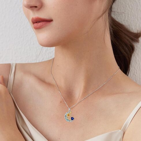 AOBOCO 925 Sterling Silver Sun and Moon Star Pendant Necklace with Simulated Birthstone, Birthday Christmas Jewelry Gift for Women Teen Girls in Saudi Arabia