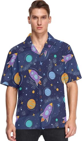 visesunny Hawaiian Shirt for Men Space Planet Rocket Short Sleeve Beach Summer Casual Button Down Aloha Shirt Quick Dry in Saudi Arabia