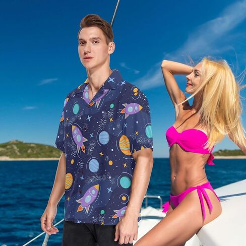 visesunny Hawaiian Shirt for Men Space Planet Rocket Short Sleeve Beach Summer Casual Button Down Aloha Shirt Quick Dry in Saudi Arabia