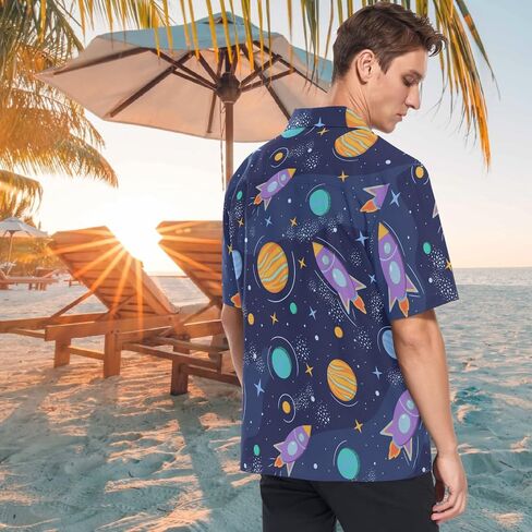 visesunny Hawaiian Shirt for Men Space Planet Rocket Short Sleeve Beach Summer Casual Button Down Aloha Shirt Quick Dry in Saudi Arabia