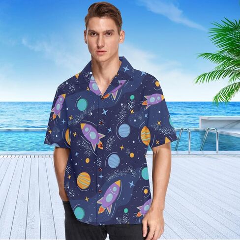 visesunny Hawaiian Shirt for Men Space Planet Rocket Short Sleeve Beach Summer Casual Button Down Aloha Shirt Quick Dry in Saudi Arabia
