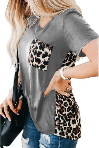 BRUBOBO Womens Summer V Neck T Shirts Short Sleeve Leopard Print Tunic Tops Tees with Pockets in Saudi Arabia