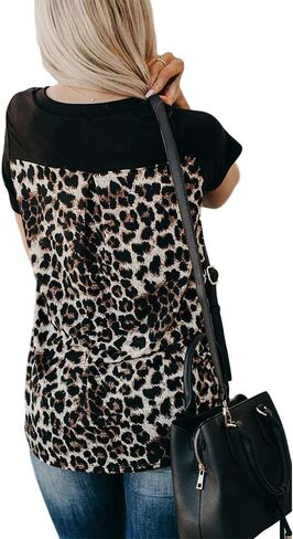 BRUBOBO Womens Summer V Neck T Shirts Short Sleeve Leopard Print Tunic Tops Tees with Pockets in Saudi Arabia