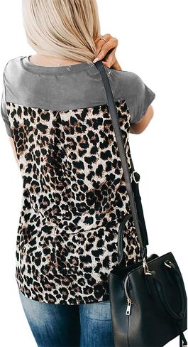 BRUBOBO Womens Summer V Neck T Shirts Short Sleeve Leopard Print Tunic Tops Tees with Pockets in Saudi Arabia