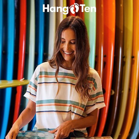 تي شيرت نسائي برسومات Hang Ten - تي شيرت كاجوال مريح برسومات للنساء - تي شيرت مطبوع بالشاشة بأكمام قصيرة in Saudi Arabia