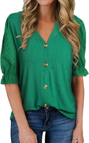 Astylish Women Casual V Neck Button Down Shirts Short Sleeve Knit Blouse Tops in Kuwait