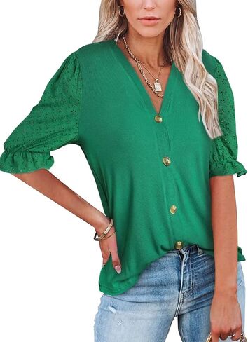 Astylish Women Casual V Neck Button Down Shirts Short Sleeve Knit Blouse Tops in Kuwait