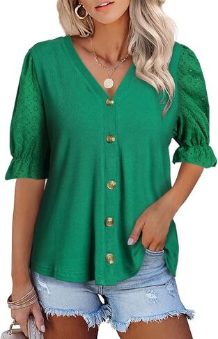 Astylish Women Casual V Neck Button Down Shirts Short Sleeve Knit Blouse Tops in Kuwait