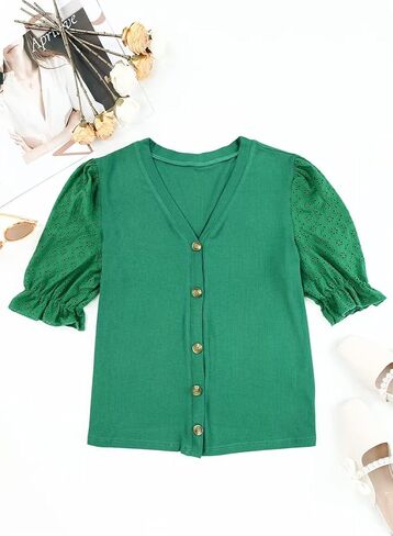 Astylish Women Casual V Neck Button Down Shirts Short Sleeve Knit Blouse Tops in Kuwait