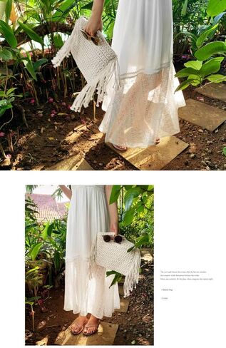 حقيبة شاطئ صيفية بشرابة بلون سادة، حقيبة يد مضفرة للنساء، حقيبة عشبية منسوجة للسفر والاستخدام اليومي in Kuwait