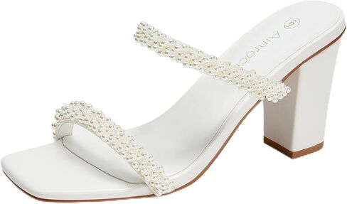 صنادل نسائية بكعب لؤلؤي وكعب مكتنز وإصبع مربع وشريطين سهل الارتداء بكعب 3.1 بوصة لفستان الزفاف in Kuwait