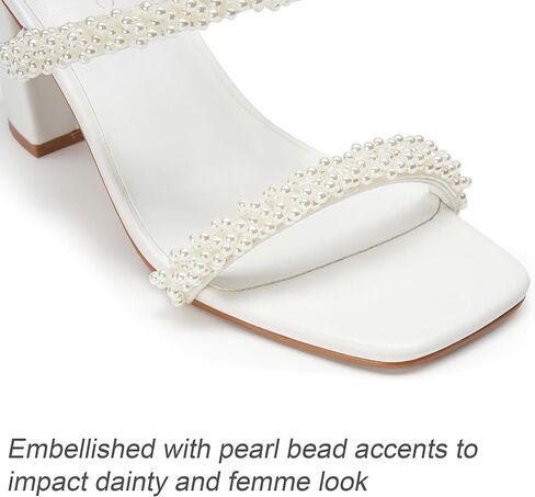 صنادل نسائية بكعب لؤلؤي وكعب مكتنز وإصبع مربع وشريطين سهل الارتداء بكعب 3.1 بوصة لفستان الزفاف in Kuwait