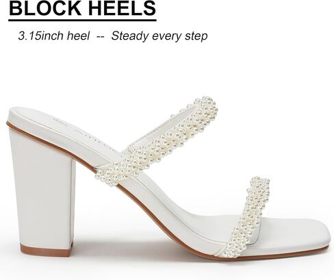 صنادل نسائية بكعب لؤلؤي وكعب مكتنز وإصبع مربع وشريطين سهل الارتداء بكعب 3.1 بوصة لفستان الزفاف in Kuwait