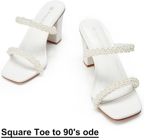 صنادل نسائية بكعب لؤلؤي وكعب مكتنز وإصبع مربع وشريطين سهل الارتداء بكعب 3.1 بوصة لفستان الزفاف in Kuwait