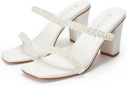 صنادل نسائية بكعب لؤلؤي وكعب مكتنز وإصبع مربع وشريطين سهل الارتداء بكعب 3.1 بوصة لفستان الزفاف in Kuwait