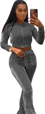 بدلة رياضية نسائية بلون سادة مكونة من قطعتين من القطيفة مكونة من قطعتين للنساء، سترة علوية قصيرة بغطاء للرأس بأكمام طويلة وسروال مرن واسع مجموعة ملابس رياضية كاجوال بدلة رياضية للركض مع جيوب in Kuwait