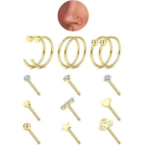 14K Gold Filled 20G Nose Rings Gold Nose Studs L S I Shape CZ Hypoallergenic Stainless Steel Nose Piercing Jewelry Nose Rings Nose Studs Screw for Women Men Nostril Piercing Jewelry 12-15Pcs