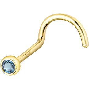Solid 14K Gold Nose Screw Stud Bezel Set Aquamarine 22G Cork-screw Nose Stud - 14K White Gold / 14K Yellow Gold March Birthstone Nose Ring Stud