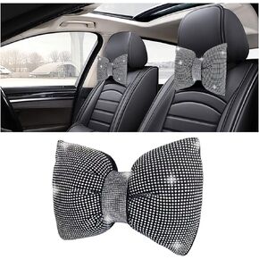 1 PCS Rhinestone Car Headrest Neck Pillow, Auto Headrest Cushion for Driving Seat, Bling Crystal Diamond Bow Neck Support Relax Pillow, Car Interior Accessories for Women Girly (White)