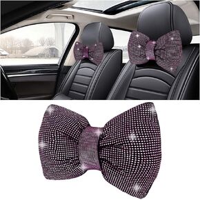 1 PCS Rhinestone Car Headrest Neck Pillow, Auto Headrest Cushion for Driving Seat, Bling Crystal Diamond Bow Neck Support Relax Pillow, Car Interior Accessories for Women Girly (White)