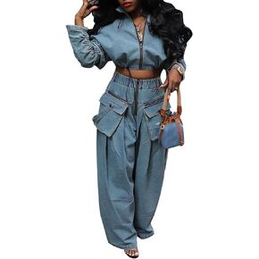 KANSOON Track Suits for Women Set 2 Piece Denim Drawstring Zip Long Sleeve Crop Jacket Wide Leg Pants Loose Outfit Sweatsuit