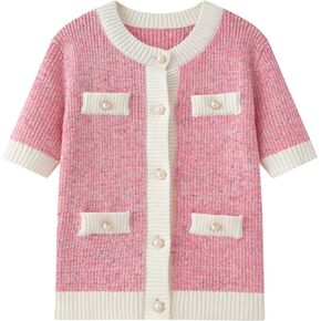 Chevara Women's Short Sleeve Cardigan Cropped Crew Neck Button Down Sweater Knitted Jacket