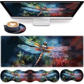 4 in 1 Mouse Pad Combo, Large Gaming Mouse Pad + Keyboard Wrist Support + Mouse Wrist Rest + Coaster, Table Pad with Stitched Edge Ergonomic Wrist Pad Set, Art Dragonfly
