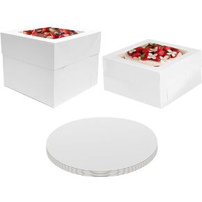 12 Pcs 10x10x8 10x10x5 Cake Boxes Set (6 Boxes & 6 Boards) with Windows Large in 2 Sizes Tall Cake Storage Container 10 inch White Bakery Boxes Disposable Carrier Take Out Container Valentine's Day
