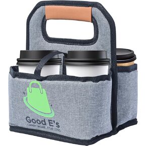 Good E’s 4 Cup Reusable Coffee Cup Carrier for Delivery - Insulated, Waterproof, Collapsible, Portable Tote Bag Drink Holder with Leather Handle Organizer for Cold/Hot Drink & Beverages (16oz to 24oz)