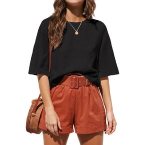 ANRABESS Women Short Sleeve Crop Tops Oversized Linen Shirts 2024 Summer Outfits Cute T-Shirt Tops