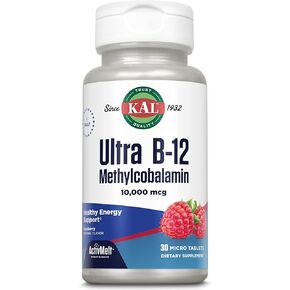KAL Ultra B12 Methylcobalamin 10,000mcg, High Potency Vitamin B-12 for Healthy Energy, Metabolism, Nerve, Red Blood Cell Support,* Natural Raspberry Flavor, Vegetarian, 30 Micro Tablets, 30 Servings