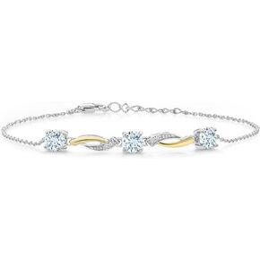 Gem Stone King 925 Silver and 10K Yellow Gold Sky Blue Aquamarine and White Lab Grown Diamond Tennis Bracelet For Women (1.54 Cttw, Round 5MM, 7 Inch with 1 Inch Extender)