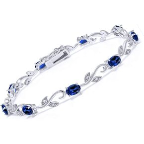 Gem Stone King 925 Sterling Silver Created Sapphire and Diamond Greek Vine Tennis Bracelet For Women (9.13 Cttw, Oval 6X4MM, 7 Inch)