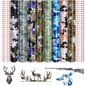 Tintnut Permanent Vinyl - 8 Sheets 12"x10", Camo Permanent Adhesive Vinyl Sheets, Army Pattern Self Sticker Waterproof Vinyl Compatible with Cricut Or Silhouett