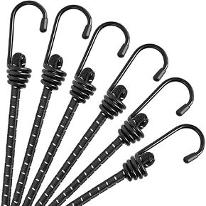 RIO Direct Bungee Cords with Hooks 12 Inch - Black Bungee Cords Heavy Duty Outdoor - Assorted Sizes Elastic Bungee Straps for Tarps, Tents, Camping, Bike Rack, Luggage, Cargo, Roof Rack - 6 Pack