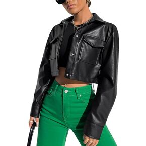 Verdusa Women's Button Up Long Sleeve PU Leather Crop Jacket Outerwear with Pockets