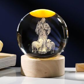3D Engraving Lotus Flower Figurine Crystal Ball with Wooden Light Base, Lotus Flower Crystal Ball Lamp Home Decor, Crystal Lotus Flower Gifts for Women Decorative Glass Ball Paperweight