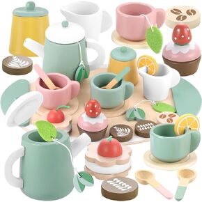 GAGAKU Wooden Tea Set for Toddlers 1-3, Wood Tea Party Set for Little Girls Wooden Coffee Afternoon Tea Toys Play Food forToddler Pretend Play Kitchen Accessories for Kids