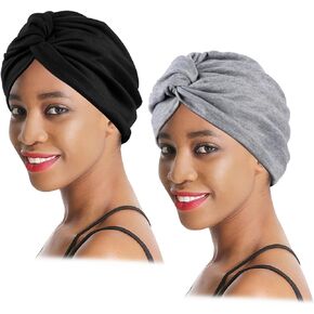 2 Pieces Turbans for Women, Soft Pre Tied Knot Turban Head Wraps Chemo Headwear Pleated Beanie Cap Sleep Hat Hair Loss Hat Chemo Cancer Cap for Women Black, Grey