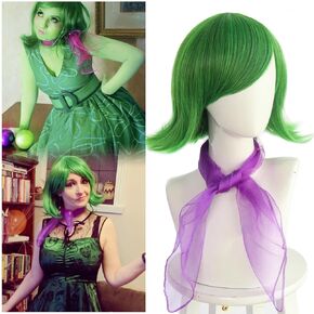 Disgust Wig Green Flip Wig Women Short Green Wig with Purple Scarf Girls Cosplay Wig Heat Resistant Synthetic Halloween Costume Wig (Green)