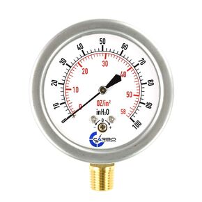 Diaphragm Low Pressure Capsule Gauge, 2-1/2" Dial, 15 PSI Range, 1/4" NPT Lower Mount, Stainless Steel Case, Brass Internals, Adjustable, Scales 15 PSI / 100 kPa / 1000 mBar