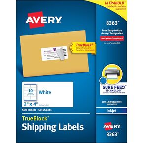 Avery Printable Shipping Labels with Sure Feed, 2" x 4", White, 500 Blank Mailing Labels (8363)