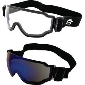 Birdz Eyewear Arch Sports Padded Safety Sky Diving Ski Motorcycle Goggles for Men & Women ANSI Z78.1+ 2 Pairs Clear & Blue Mirror Lenses
